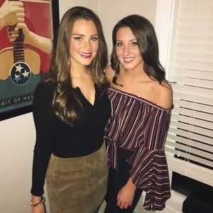 Maroon/black/white off the shoulder top (right)